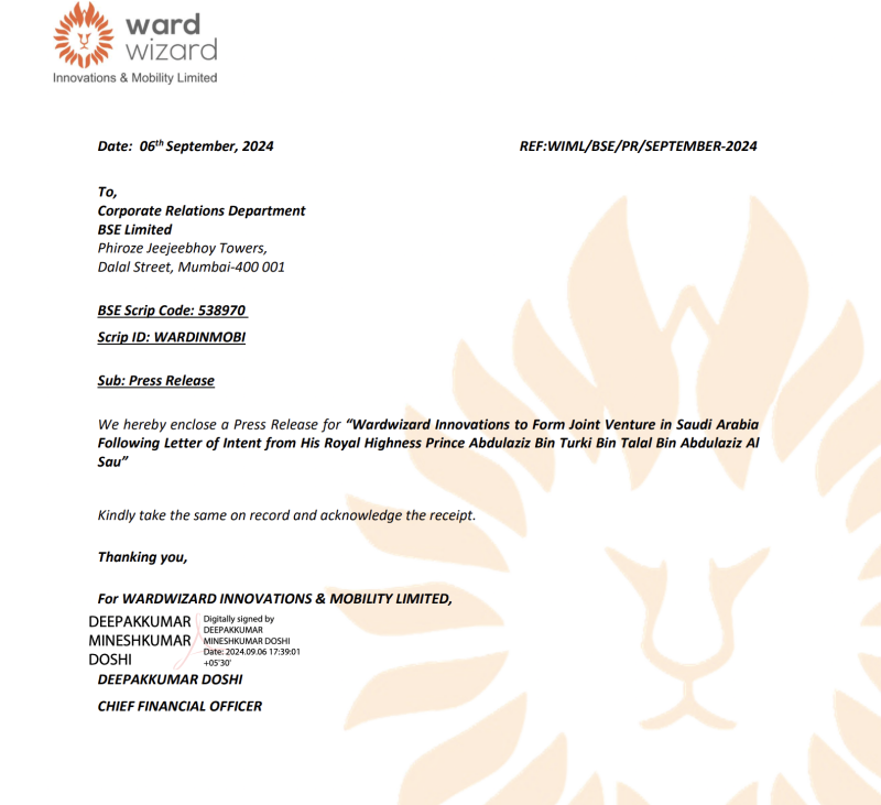 Wardwizard Innovations to Form Joint Venture in Saudi Arabia Following Letter of Intent from His Royal Highness Prince Abdulaziz Bin Turki Bin Talal Bin Abdulaziz Al Saud